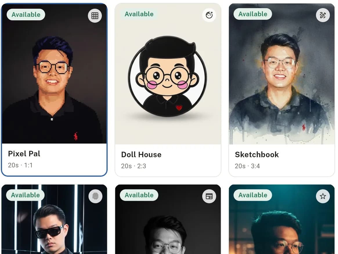 찰칵 OS AI 스타일 라이브러리: 픽셀 팔, 돌하우스, 스케치북, 사이버 ID 등