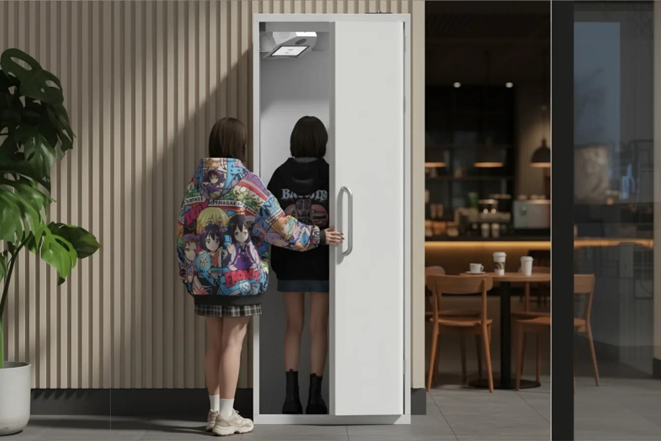 Two people stepping into a High Angle photo booth box in a cafe