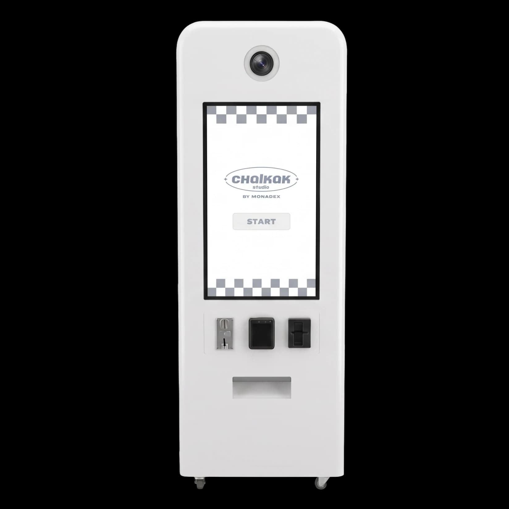 Kiosk style photo booth, model 1, with a wide touchscreen