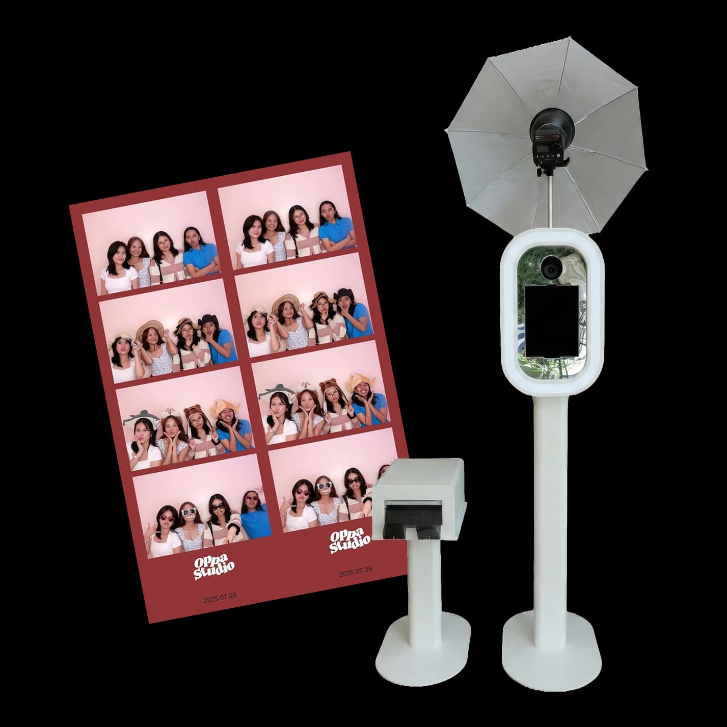 Selfie station photo booth with umbrella light and printer