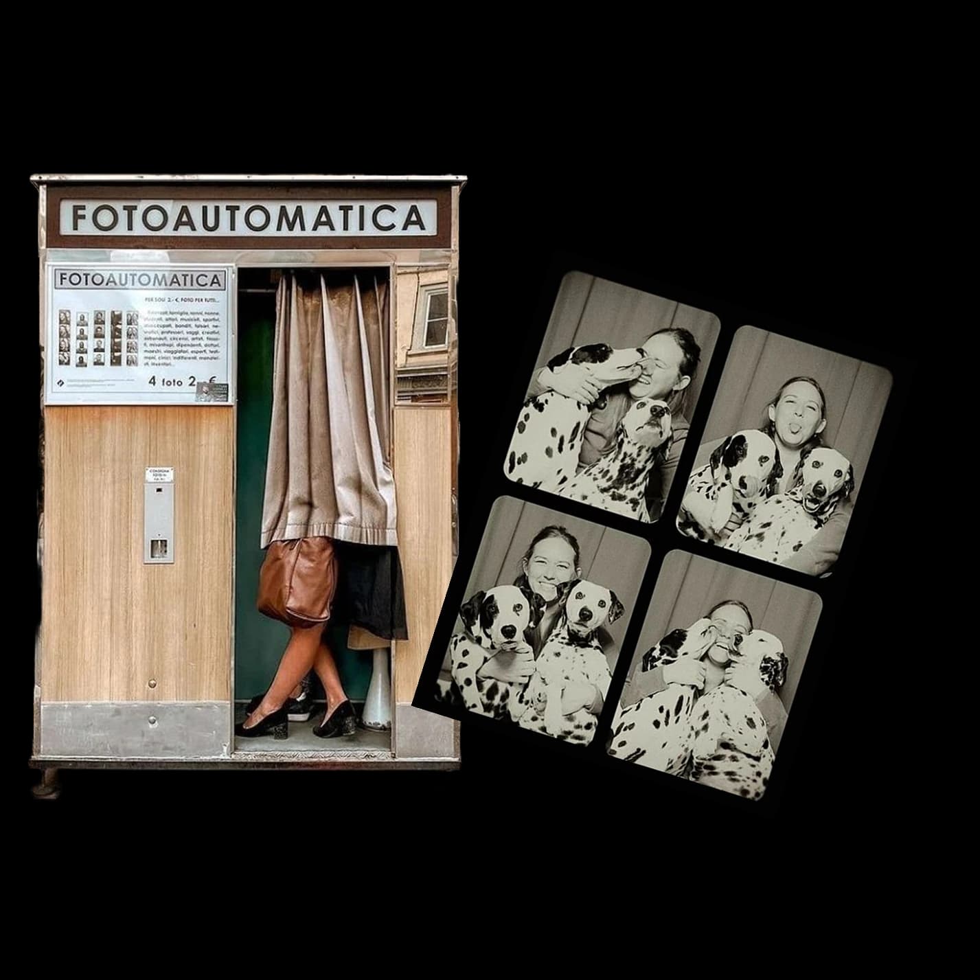 Vintage analog photo booth with black and white photos