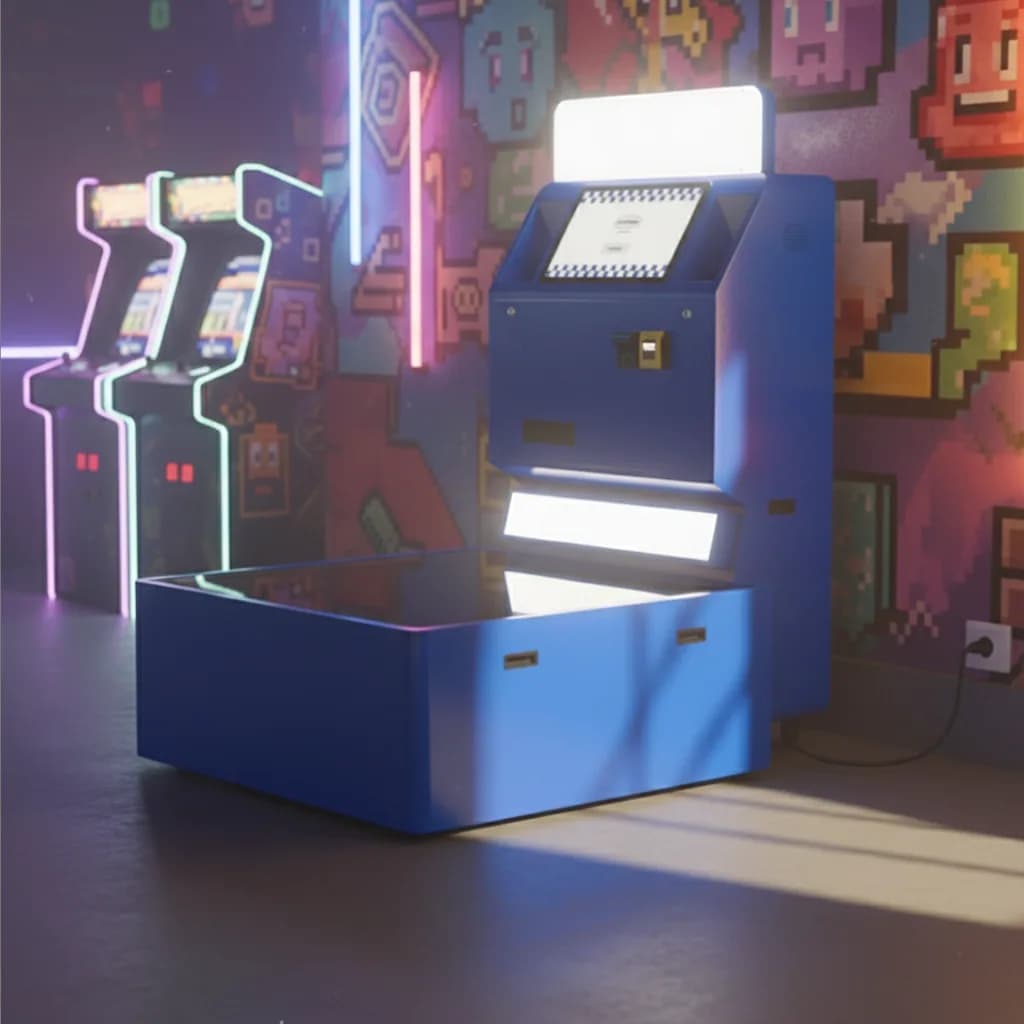 Blue Low Angle photo booth inside an arcade