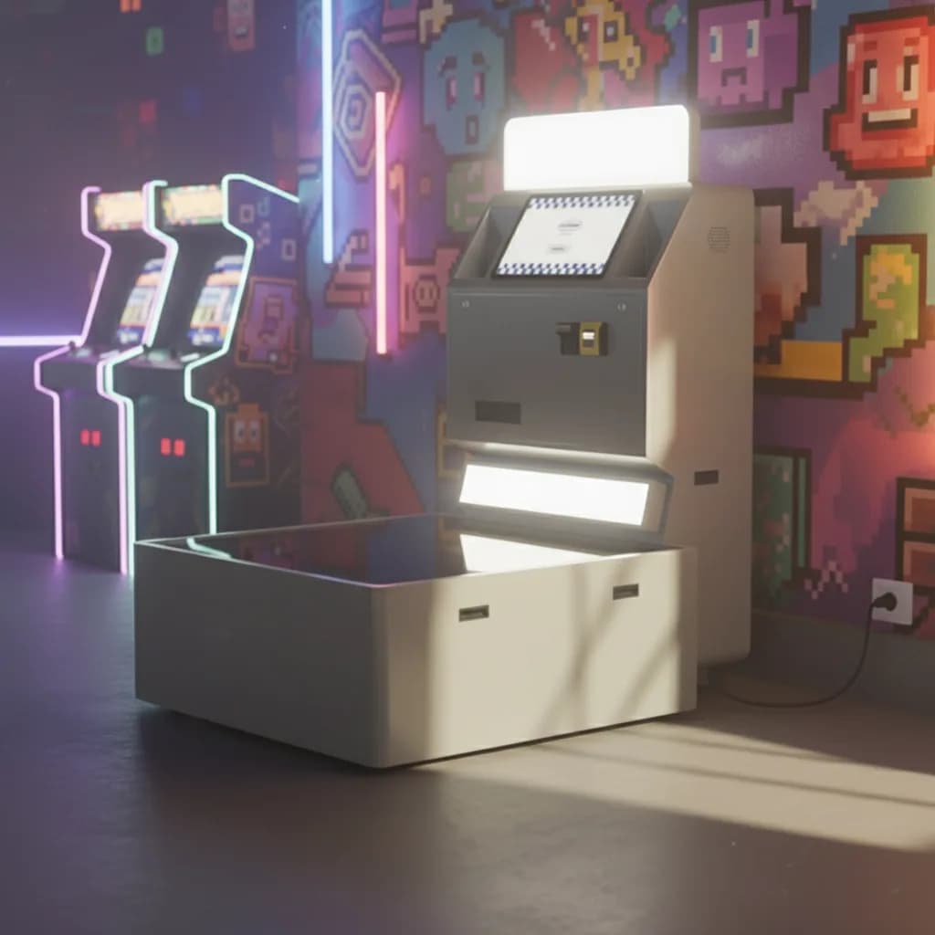 Grey Low Angle photo booth inside an arcade