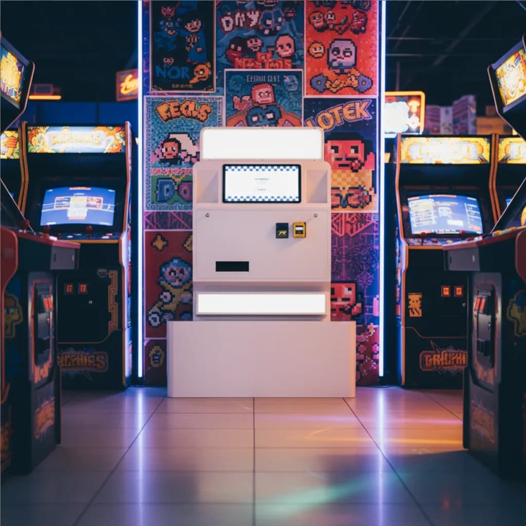 Low Angle photo booth on its platform in an arcade