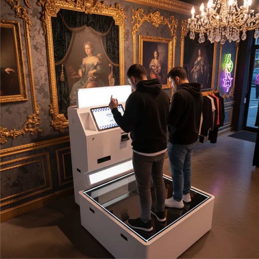 2 people using the Low Angle photo booth machine inside a classical themed clothing store