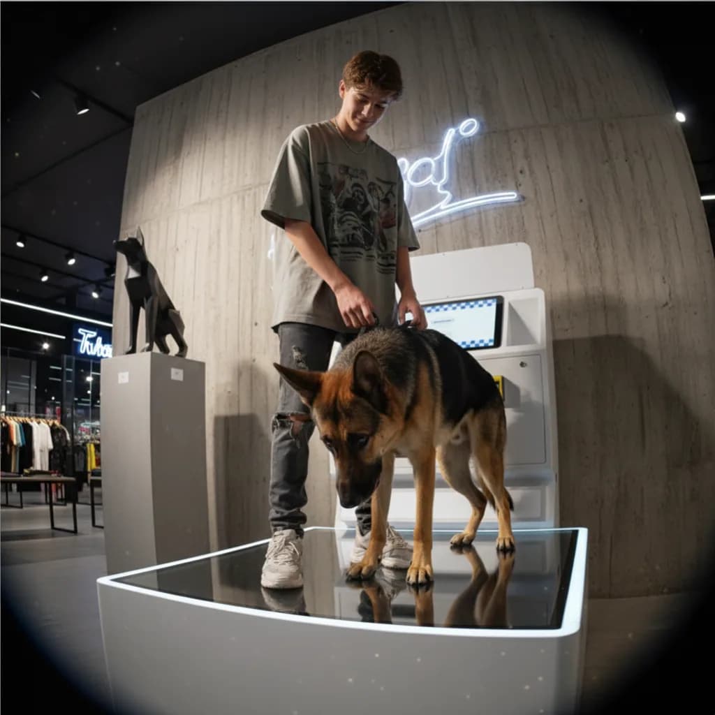 A man with his pet on a Low Angle photo booth machine