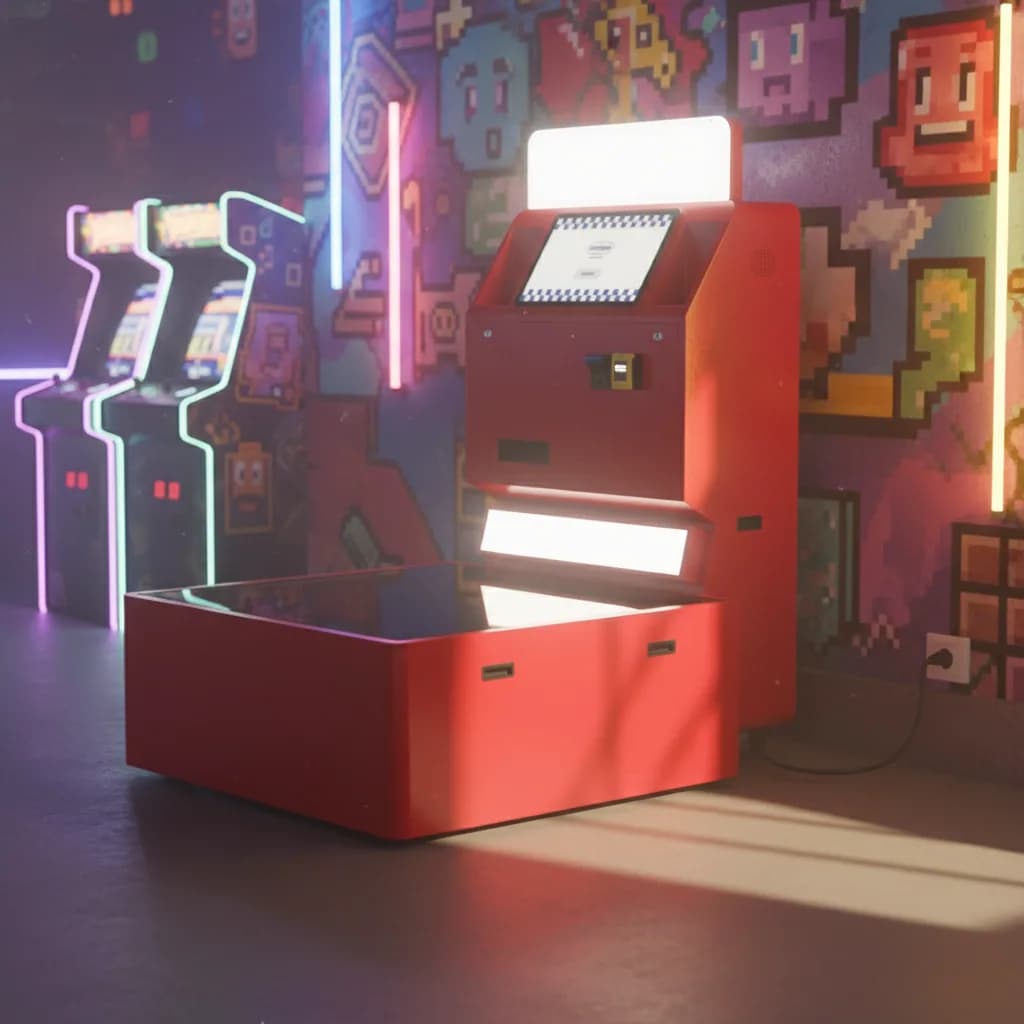 Red Low Angle photo booth inside an arcade