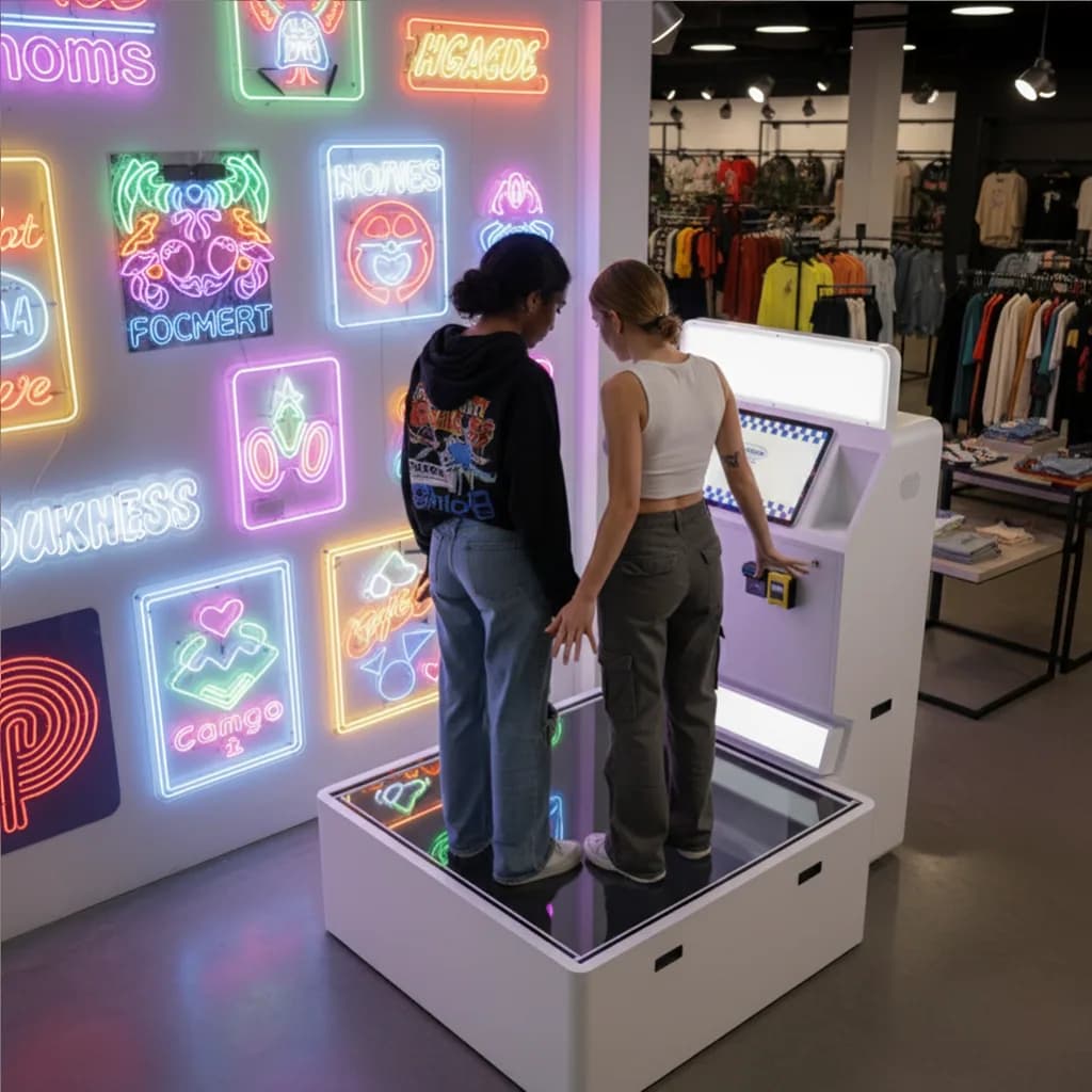 2 people standing on the low angle photo booth