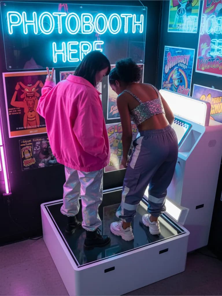 2 people using the Low Angle photo booth inside an arcade
