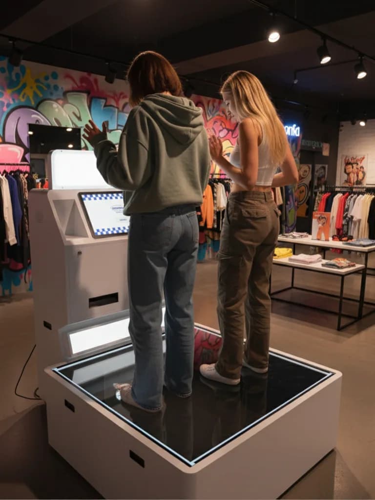 2 people using the Low Angle photo booth machine inside a clothing store