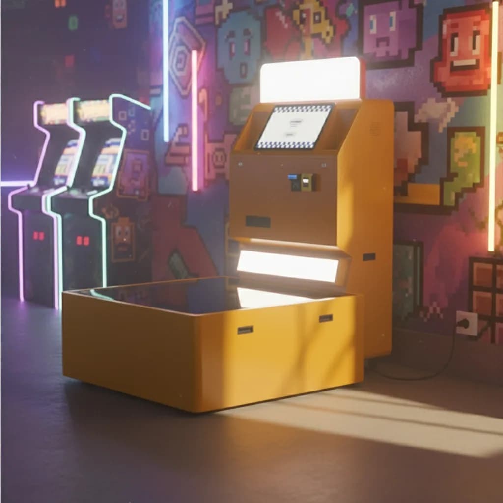 Yellow Low Angle photo booth inside an arcade