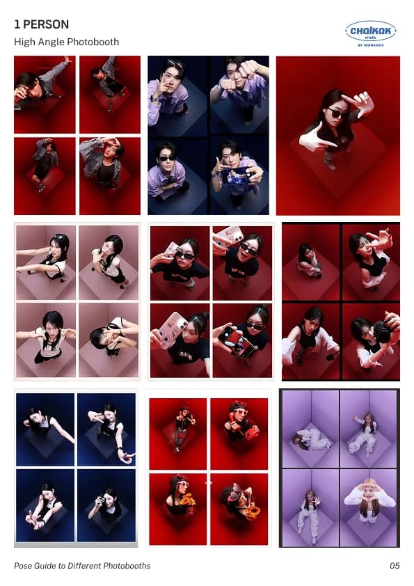 Photobooth pose guide page: 1 person, High Angle Photobooth