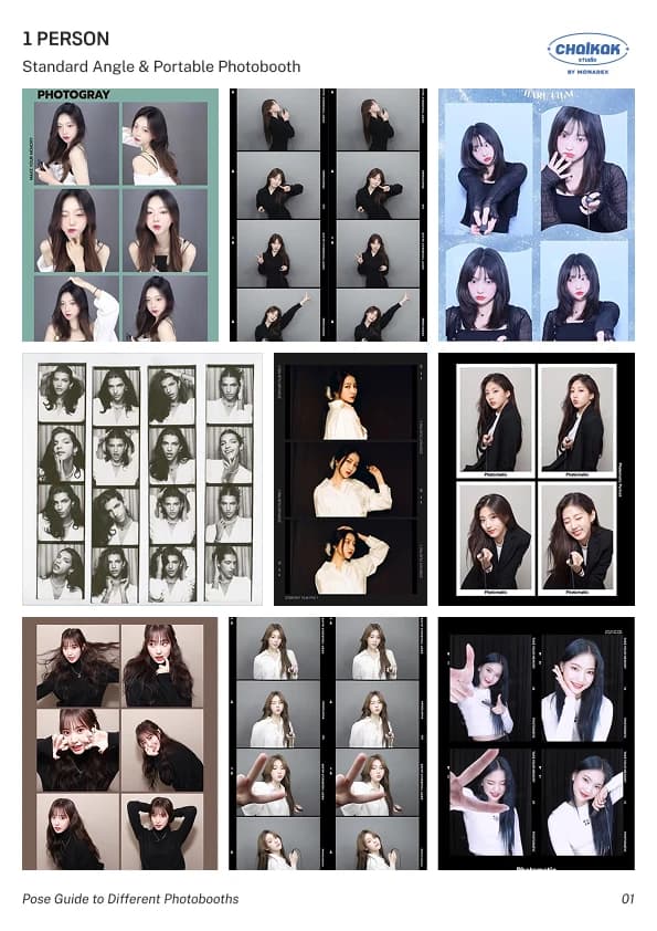 Photobooth pose guide page: 1 person, Standard Angle & Portable Photobooth
