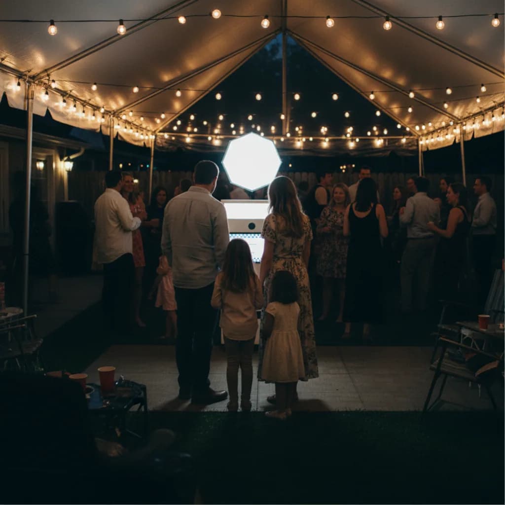 A bunch of people on the backyard with the Portable photo booth machine