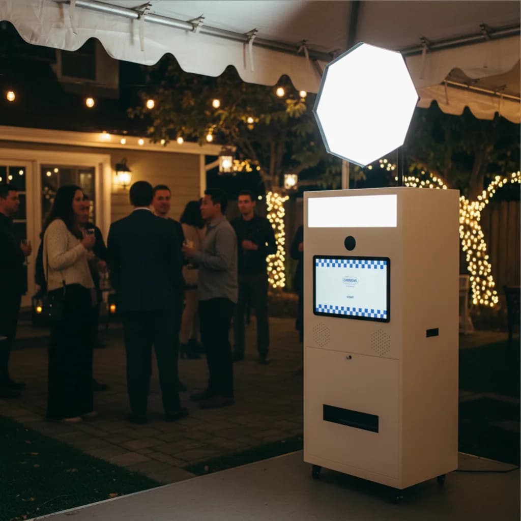 Portable photo booth machine at a backyard party