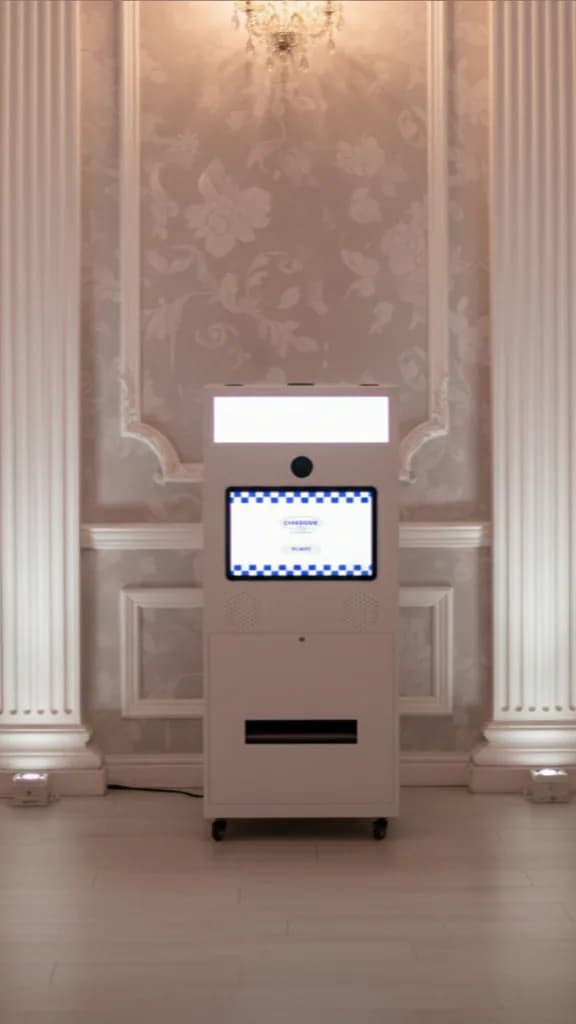 Portable photo booth machine inside a wedding venue