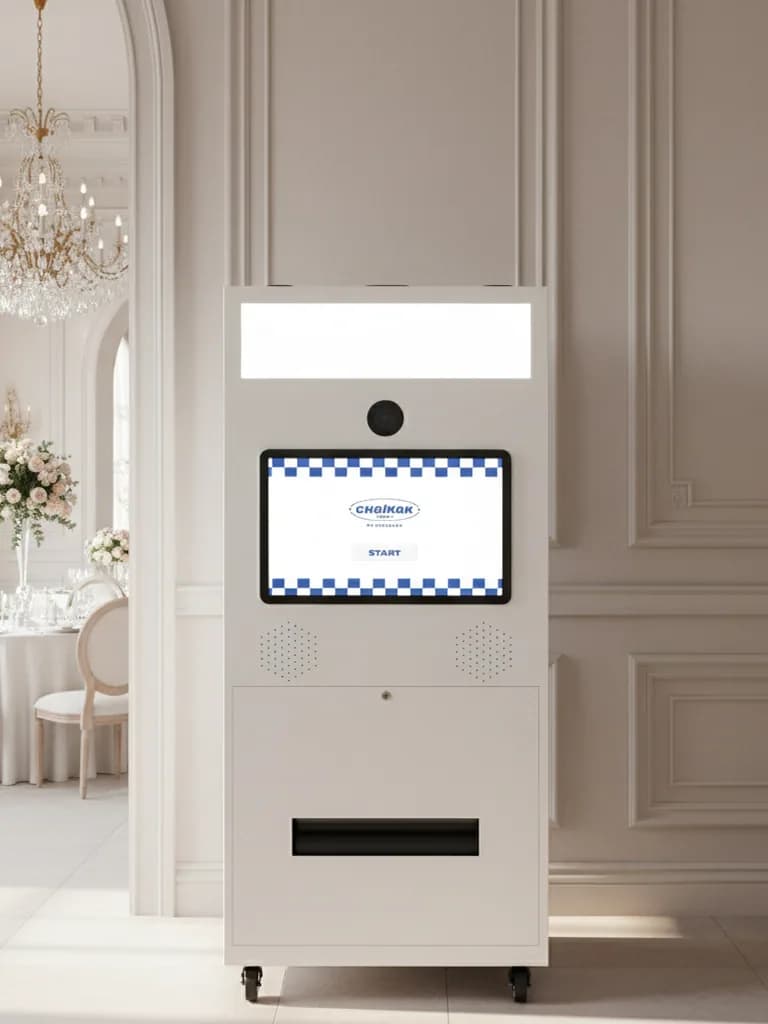 Portable photo booth machine inside a wedding venue