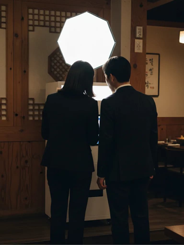 2 people using the Portable photo booth with the flash extension inside an Izakaya