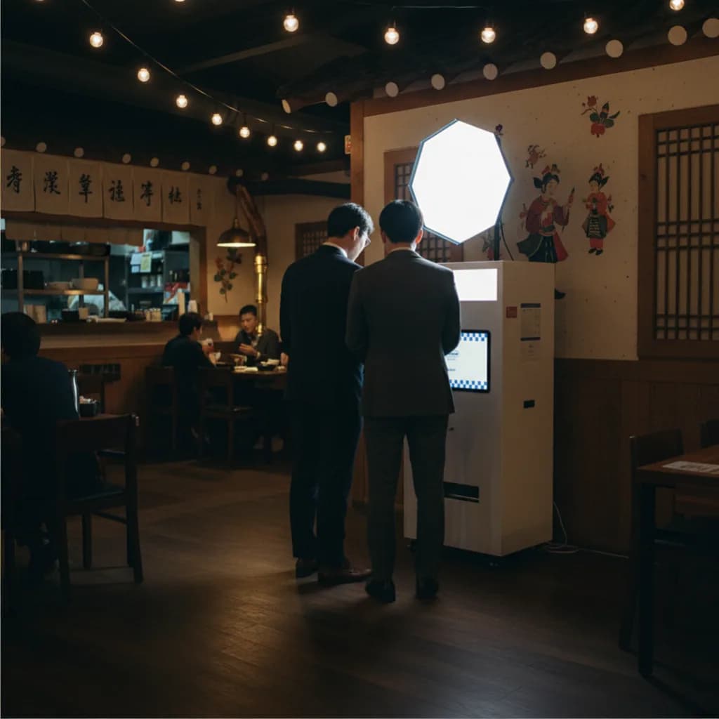 Guests using the Portable photo booth with flash inside a restaurant