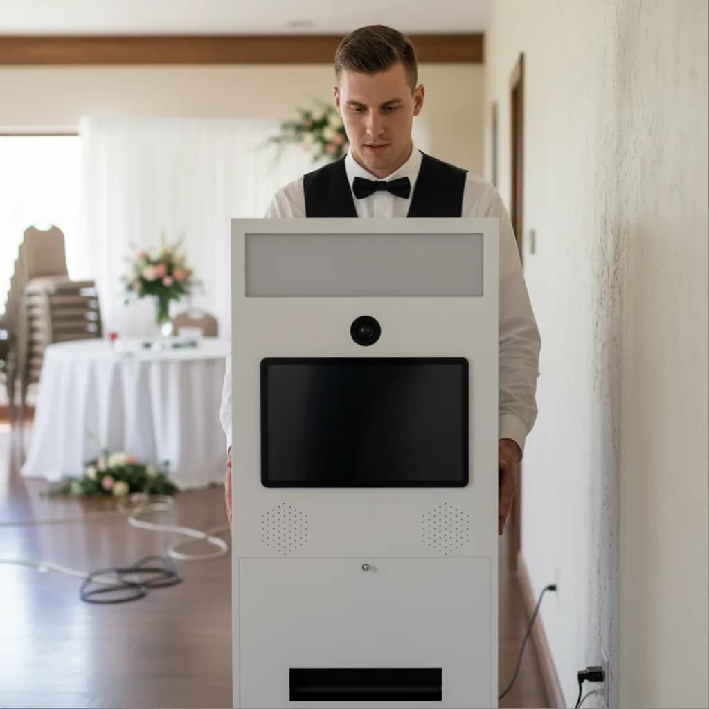 Staff member carrying the Portable photo booth at a wedding venue