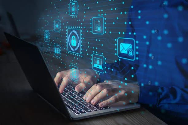 Technical support: hands typing on a laptop with service icons