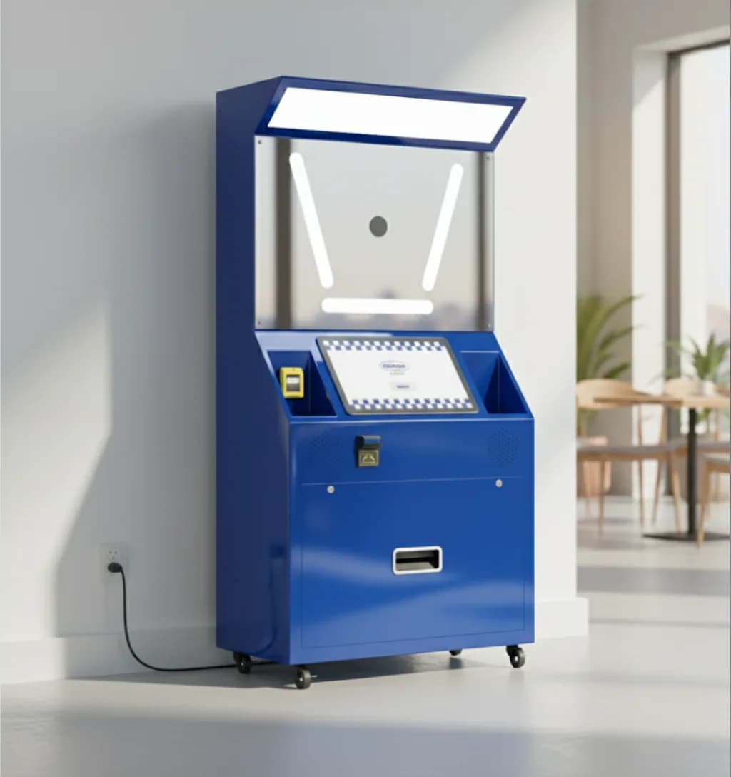 Blue Standard Angle photo booth inside a cafe
