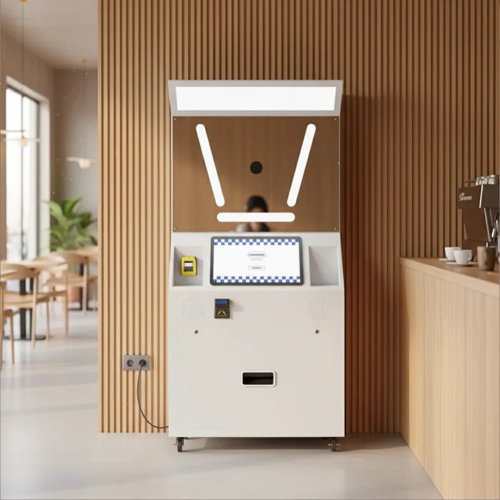 White Standard Angle photo booth in a cafe