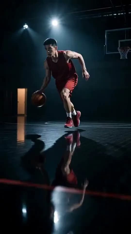AI film of a guest playing basketball under arena lights