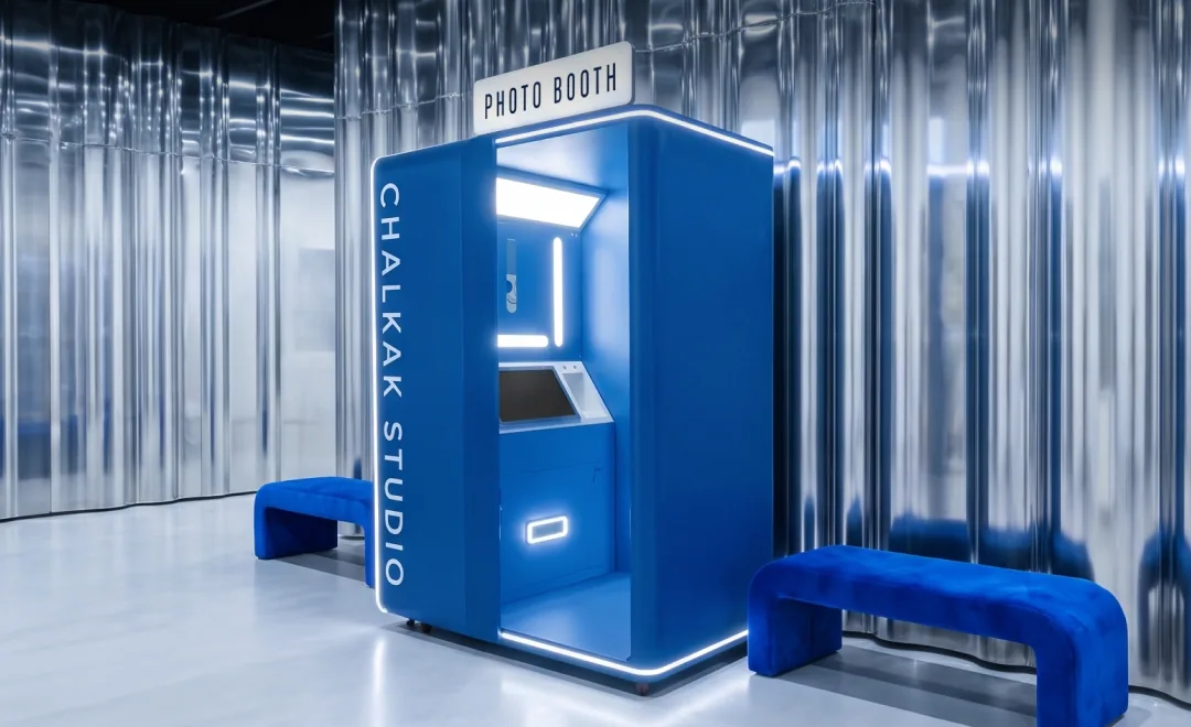 Blue Chalkak Studio photo booth with waiting benches in a studio setting