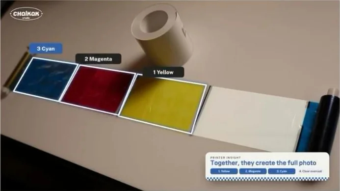 노랑, 마젠타, 시안 패널이 있는 염료승화 프린터 리본 (찰칵 스튜디오 영상)