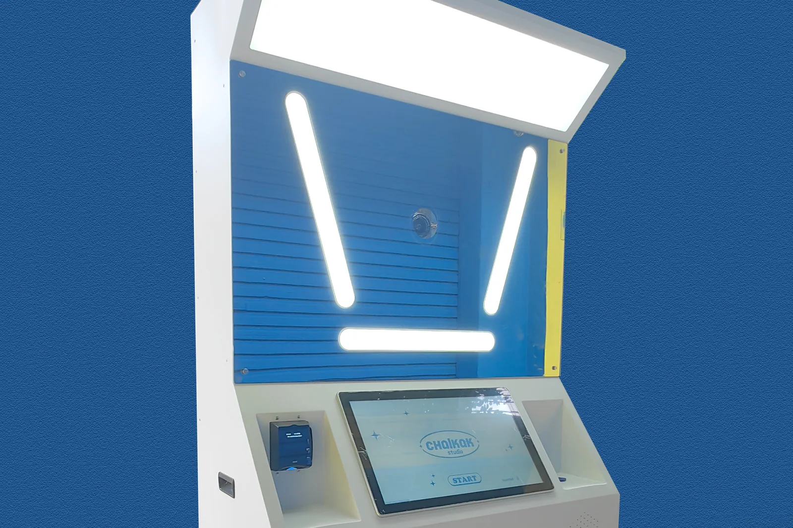 Chalkak Standard Angle photo booth machine with its LED light frame and touchscreen