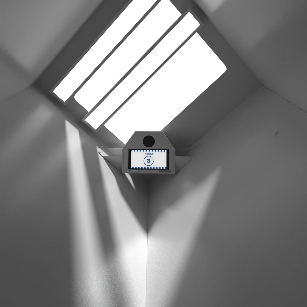 Camera and lighting panels inside a photo booth