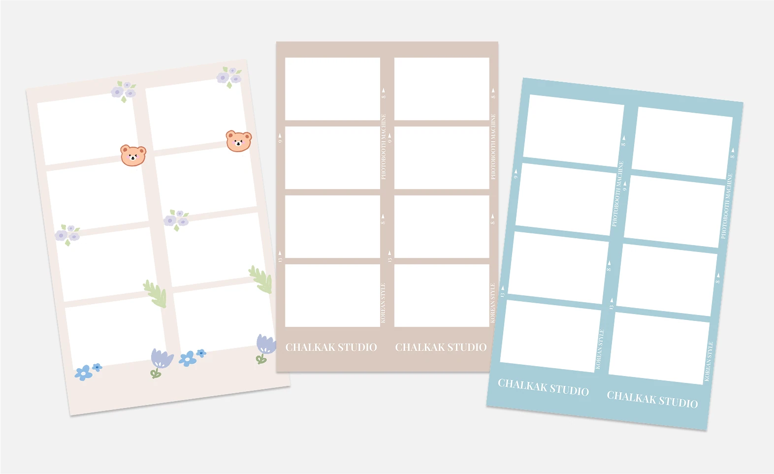 Three blank photo strip frame templates with different layouts
